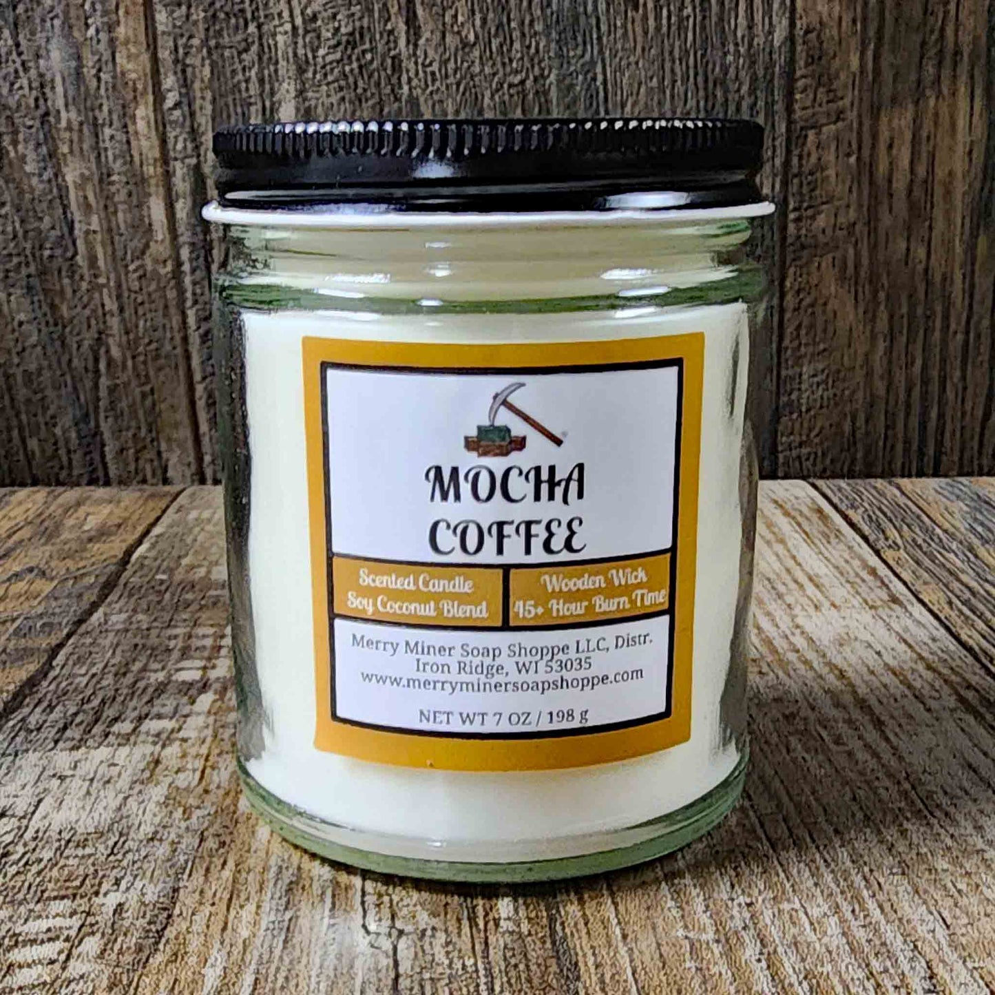 soy coconut wax candle with wooden wick scented as mocha coffee