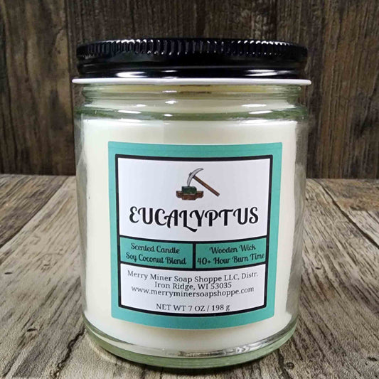 soy coconut wax candle with wooden wick scented as eucalyptus