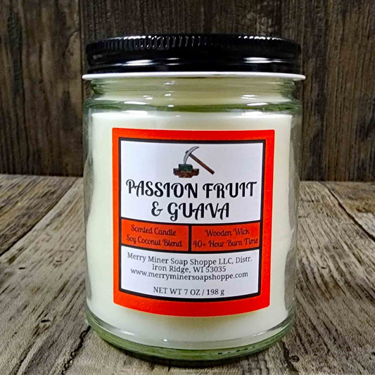 soy coconut wax candle with wooden wick scented as passion fruit guava