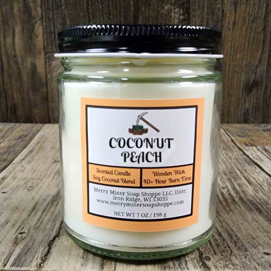 soy coconut wax candle with wooden wick scented as coconut peach