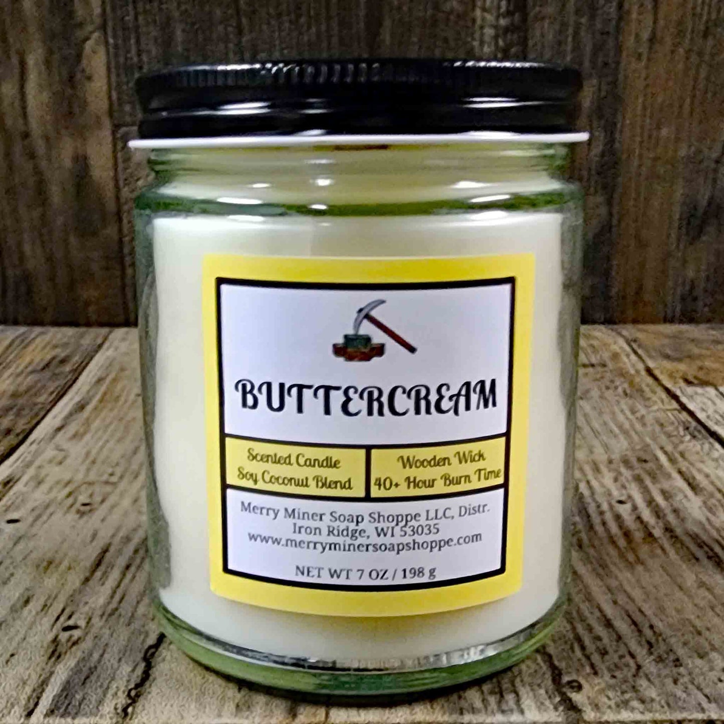 soy coconut wax candle with wooden wick scented as buttercream