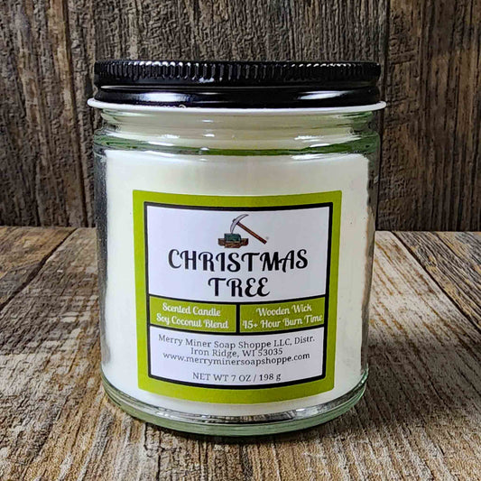 soy coconut wax candle with wooden wick scented as christmas tree
