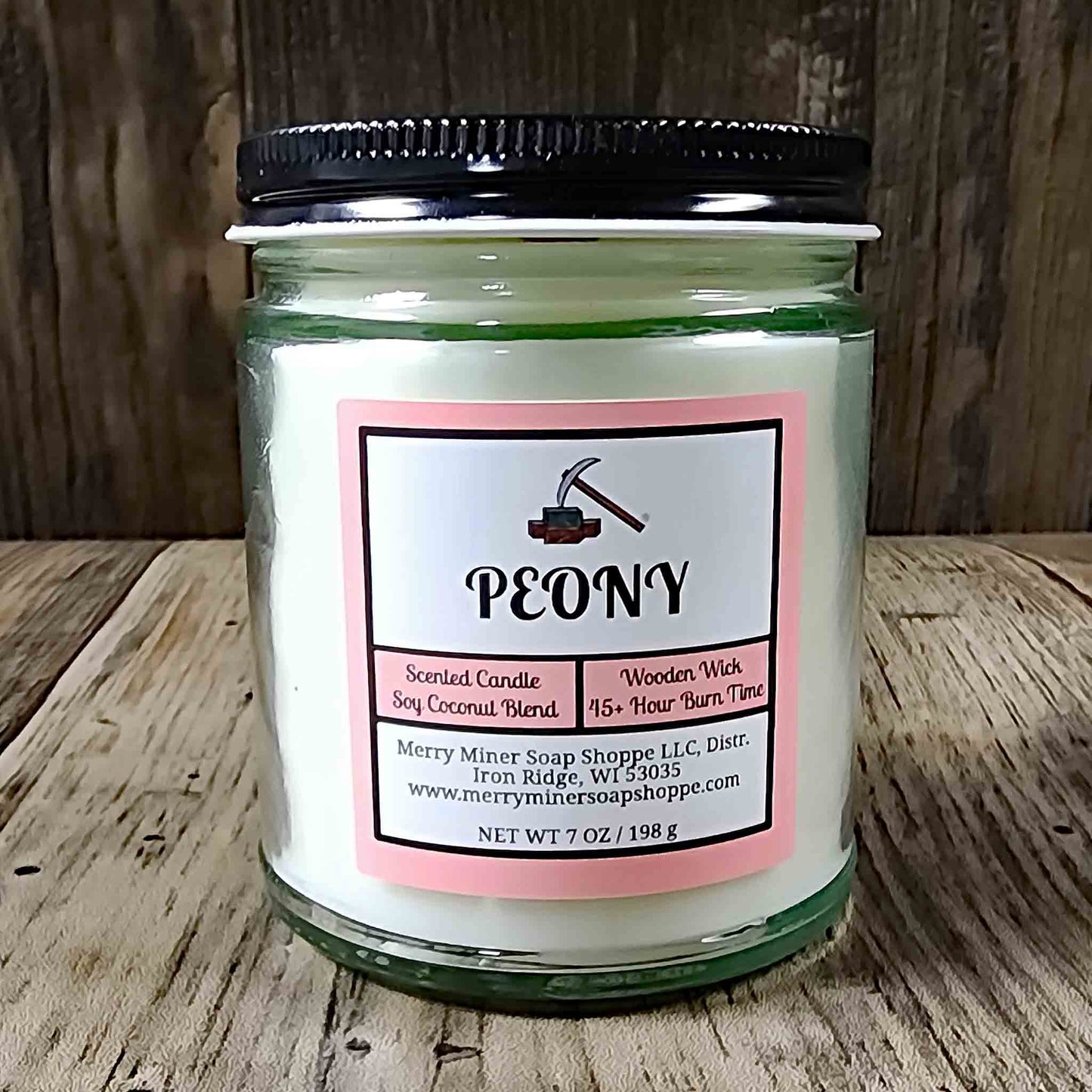 soy coconut wax candle with wooden wick scented as peony