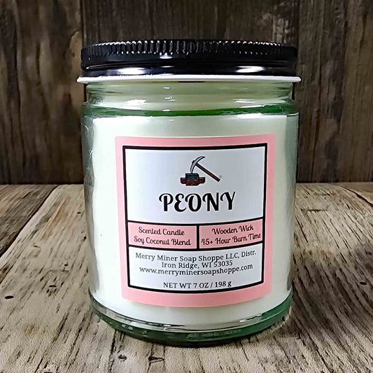 soy coconut wax candle with wooden wick scented as peony