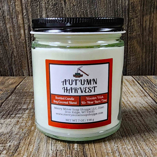 soy coconut wax candle with wooden wick scented as autumn harvest