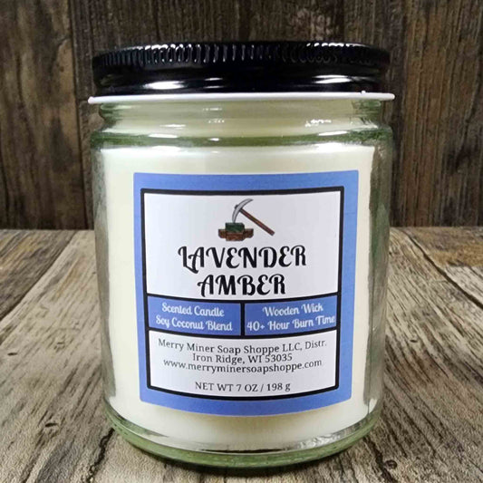 soy coconut wax candle with wooden wick scented as lavender amber