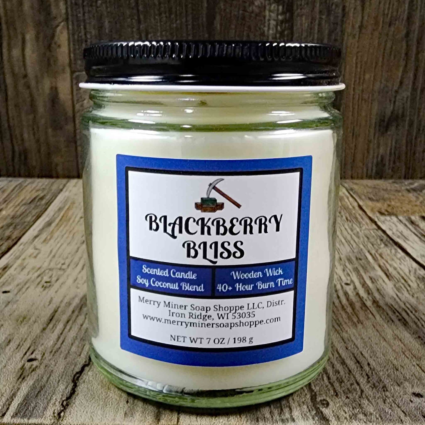 soy coconut wax candle with wooden wick scented as blackberry bliss