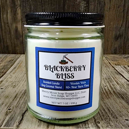 soy coconut wax candle with wooden wick scented as blackberry bliss