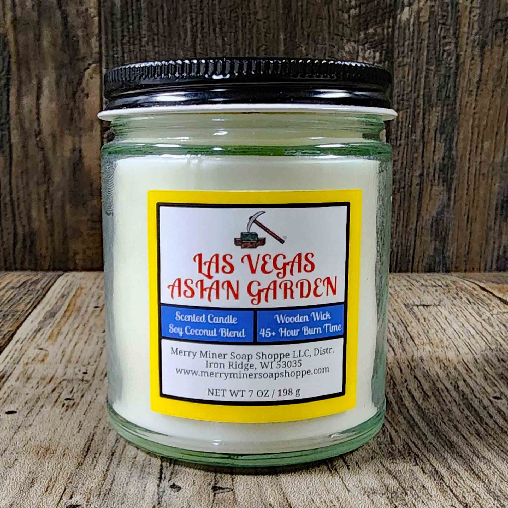 soy coconut wax candle with wooden wick scented as las vegas boulevard