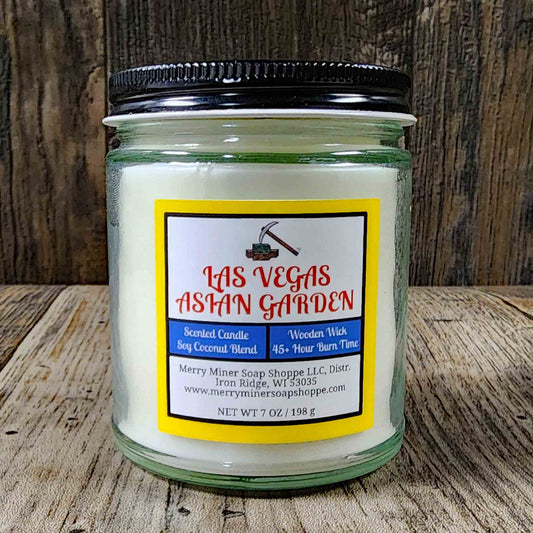 soy coconut wax candle with wooden wick scented as las vegas boulevard